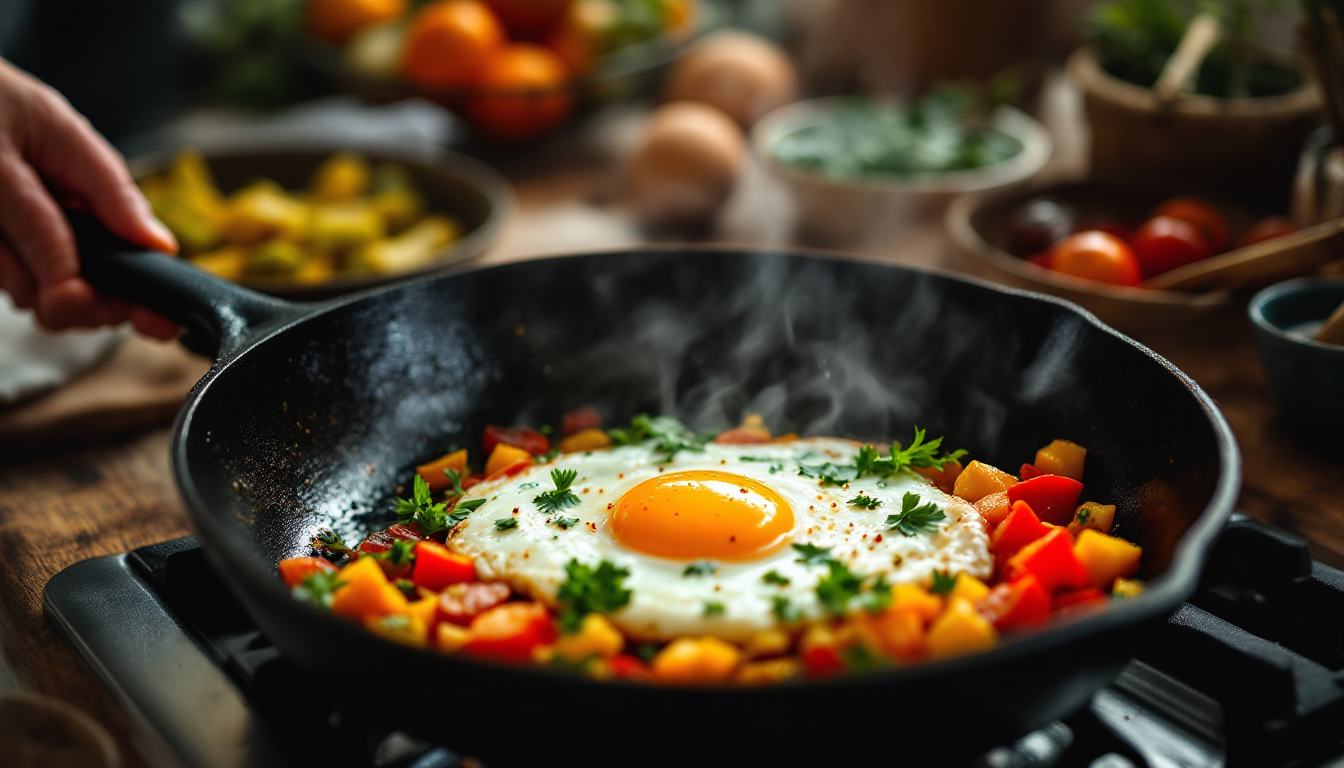 The SkilletCo cast iron skillet searing vegetables